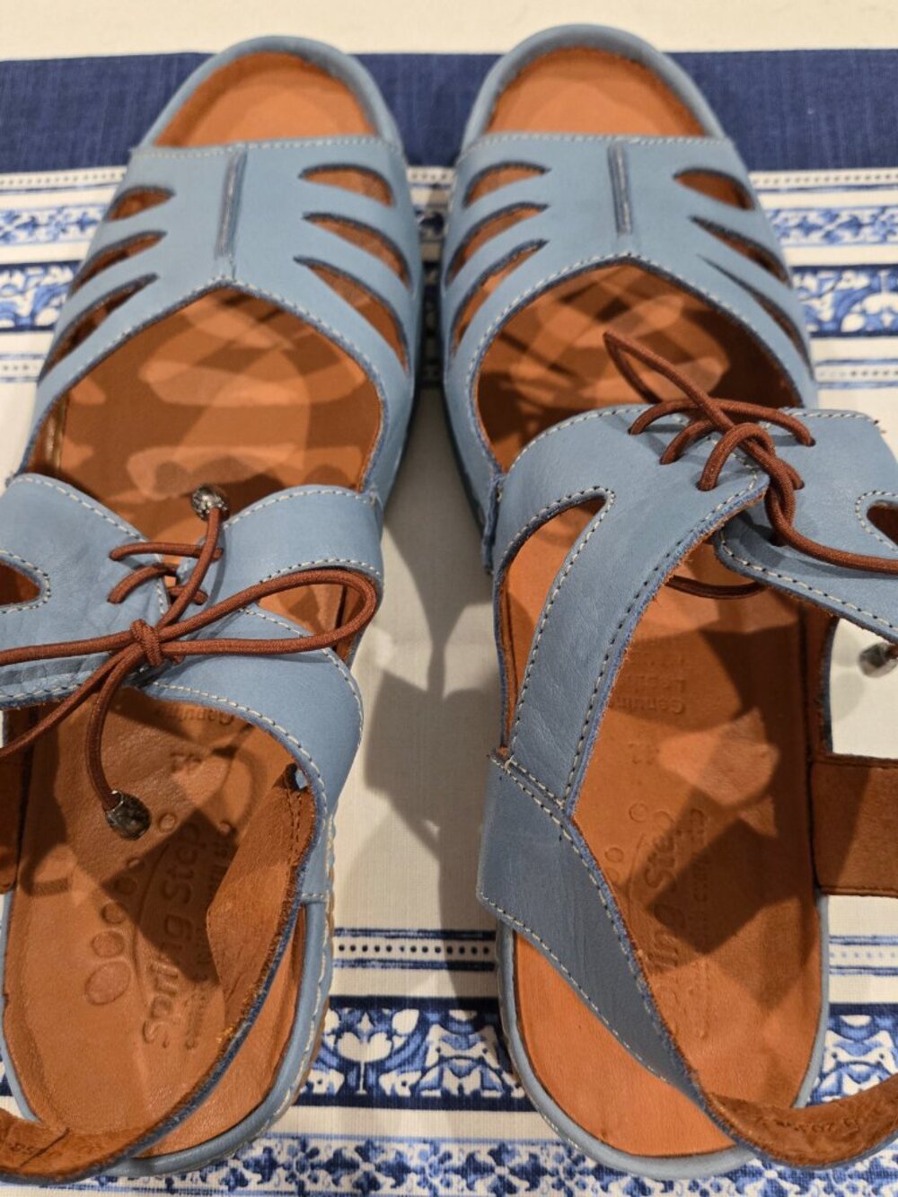 Spring Step Blue Leather Sandals Size 10 Comfort Lace-Up Boho Casual NEW